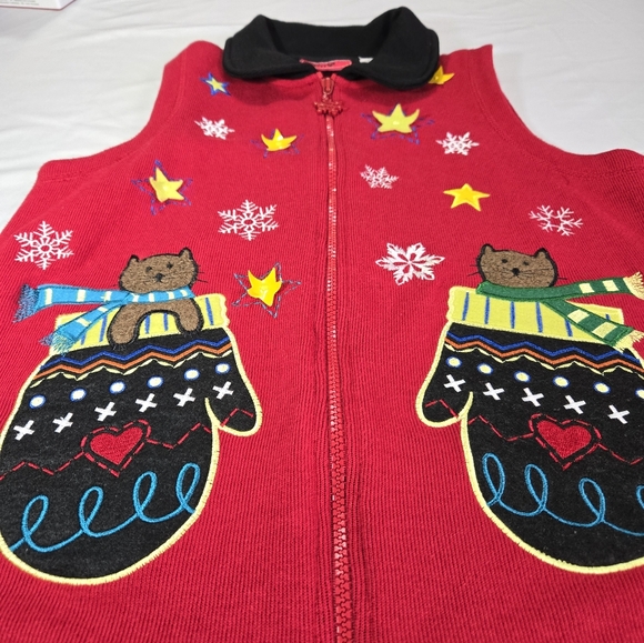Vintage Red Festive Holiday Christmas Cat, Mittens, Stars, Snowflake Vest Small - Picture 2 of 14